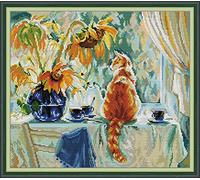 OWN4B Cross Stitch Kits Pre Printed, Cat and Sunflower Stamped Pattern 11CT 21.7x18.9 inch DIY Embroidery Kit (Cat)
