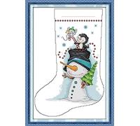 OWN4B Cross Stitch Kits Pre Printed, Christmas Stocking-Snowman Stamped Pattern 11CT 17.7x25.2 inch DIY Embroidery Kit (Sock 13)