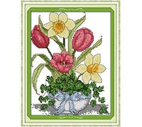 OWN4B Cross Stitch Kits Stamped, Spring Flower Vase Printed Pattern 11CT 11.4x15.4 inch DIY Embroidery Kit