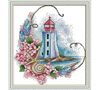 OWN4B Cross Stitch Kits Stamped, Starfish Lighthouse Printed Pattern 11CT 14.2x15.4 inch DIY Embroidery Kit