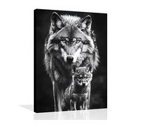 OWNANRTHM Black and White Wolf Canvas Wall Art Wolf and Cub Poster Black and White Wild Animal Pictures for Living Room Bedroom Wall Decor Framed 12X16inch