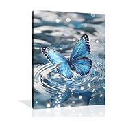 OWNANRTHM Blue Butterfly Canvas Wall Art Butterfly Picture Framed Blue Butterflies Playing in the Water Poster Vintage Butterflies Painting for Bathroom Living Room Yoga Room Wall Framed 12X16 inch