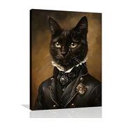 OWNANRTHM Cat Portrait Wall Art Funny Black Cat Poster Gothic Cat Canvas Wall Art Victorian Renaissance Kitten Prints Goth Halloween Academia Kitten Painting for Living Room Bedroom Framed 12X16 inch
