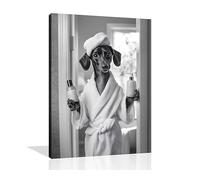 OWNANRTHM Dog Bathroom Wall Art Funny Animal Bathroom Canvas Wall Art Black and White Animal Bath Pictures Dog in Bathrobe Poster for Bathtub Restroom Wall Decor Framed 12X16 inch