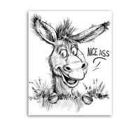 OWNANRTHM Funny Animal Bathroom Canvas Wall Art Black and White Animal Bathroom Pictures Nice Ass Bathroom Sign Wall Art Donkey Animals Bathroom Painting for Bathroom Wall Decor Framed 12X16 inch