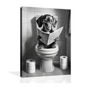 OWNANRTHM Funny Animal Bathroom Canvas Wall Art Dachshund Dog on the Toilet Wall Art Black and White Animal Bathroom Prints Funny Dog Bathroom Poster for Bathroom Restroom Wall Decor Framed 8X10 inch