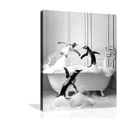 OWNANRTHM Funny Animals Bathroom Canvas Wall Art Penguin in Bathtub Wall Art Funny Animal Bathroom Painting Black and White Penguin Bathtub Pictures for Bath Restroom Wall Decor Framed 12x16 inch