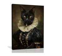 OWNANRTHM Gothic Cat Canvas Wall Art Black Cat Wall Art Halloween Lady Cat Portrait Poster Funny Black Cat Renaissance Painting Gothic Victorian Cat Picture for Living Room Bedroom Framed 12X16 inch