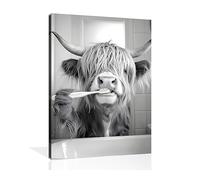 OWNANRTHM Highland Cow Bathroom Canvas Wall Art Funny Animals Bathroom Pictures Highland Cow Brushing Teeth Painting Black and White Animal Bathroom Poster for Bathroom Restroom Wall Framed 16X20 inch