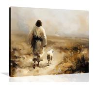 OWNANRTHM Jesus Canvas Wall Art Jesus Pictures for Wall Jesus and the Lamb Walking in the Field Painting Jesus and Lamb Pictures for Living Room Bedroom Home Wall Decor Stretched and Framed 12X16 inch
