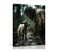 OWNANRTHM Jesus Canvas Wall Art Jesus Pictures for Wall Jesus Gazes at the Lamb Painting Jesus and Lamb Poster for Living Room Bedroom Home Wall Decor Stretched and Framed 12X16 inch