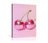 OWNANRTHM Pink Disco Ball Wall Art Pink Disco Prints Trendy Pink Cherry Disco Ball Wall Art Pink Preppy Poster Vintage Disco Wall Art Pink Aesthetic Poster for Girls Bedroom Wall Framed 12X16 inch