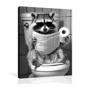 OWNANRTHM Raccoon Bathroom Wall Art Funny Animal Bathroom Canvas Wall Art Raccoon on Toilet Painting Wall Art Black and White Bathroom Animal Prints for Bathroom Restroom Wall Decor Framed 12X16 inch