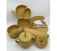 OWNIX Silicone Baby Feeding Set (Set of 7) - Suction Plate, Bowl, Adjustable Bibs, Cutlery, Cup, Snack Cup Lid (Yellow Elephant)