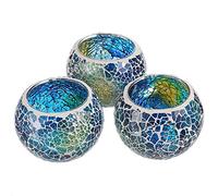 OwnMy Set of 3 Blue Mosaic Glass Tea Light Holders Round Bowl Votive Candle Holders Pillar Candle Stands, Glass Mosaic Tealight Holders Potted Plant Bowl Vase Candle Centerpiece for Table Wedding