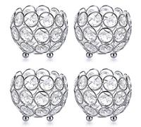 OwnMy Set of 4 Crystal Bowl Tealight Holders Small Round Votive Candle Holders, Silver Crystal Tea Light Candle Lanterns Candle Stands for Dining Table Centerpieces Wedding Decors