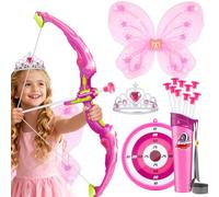 OWNONE 1 Pink Bow and Arrow Set for Girls, LED Light Up Archery Set with 10 Suction Cup Arrows, Target, Fairy Wings & Princess Crown, Birthday Gift Outdoor Toys for Kids Girls Ages 3-12
