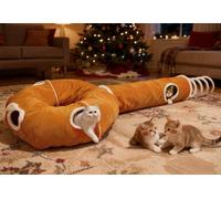 Ownpets Foldable Cat Tunnel with Spring Tail, 245cm Cat Tunnel with Bed, 3-Section Pet Play Tube with 4 Setups for Cats Rabbits Ferrets, Brown