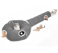 Ownpets Foldable Cat Tunnel with Spring Tail, 245cm Cat Tunnel with Bed, 3-Section Pet Play Tube with 4 Setups for Cats Rabbits Ferrets, Grey