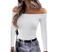 OwnTime Womens Off The Shoulder Tops Sexy Long Sleeve Shirts Fall Ribbed Knit Slim Fit Going Out Trendy Tops Blouses, White, XL