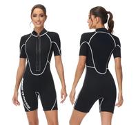 Owntop 3/2mm Shorty Wetsuit Women - Front Zip Wet Suit for Diving Surfing, Short Sleeve Diving Suits Stretch Neoprene for Water Sports, Women Black M