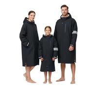 Owntop Waterproof Changing Robe for Kids, Oversized Long Sleeve Hooded Coat with Sherpa Fleece Lining & Reflective Strip, Windproof Dry Beach Robe for Wild Swimming Surfing (Black,XS)