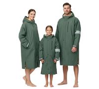 Owntop Waterproof Changing Robe for Kids, Oversized Long Sleeve Hooded Coat with Sherpa Fleece Lining & Reflective Strip, Windproof Dry Beach Robe for Wild Swimming Surfing (Green,XS)