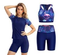Owntop Women’s 3 Piece Rash Guard Swimsuit Set, Short Sleeve Pullover Top & Tank with Built-in Bra & Knee Length Swim Shorts, UPF 50+ Sun Protection Swimwear, Purple XXL