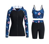 Owntop Womens 3-Piece Rash Guard | UPF50+ Swimsuits Hooded UV Shirt | Long Sleeve Zipper Rashguard Shirts & Bikini Top & High Waist Boyshorts | Swimming Surfing Modest Swimwear | Deep Blue L