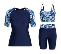 Owntop Womens 3-Piece Rash Guard | UPF50+ UV Swim Shirt | Short Sleeve Rashguard Shirts & Bikini Top & High Waist Boyshorts | Modest Swimwear Swimsuits | Swimming Surfing | Blue XL