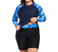 Owntop Womens Plus Size Rash Guard | 2-Piece UPF 50+ Swim Shirt | Long Sleeve Zipper Rashguard Shirts & High Waist Boyshorts | Quick-Dry Swimwear Swimsuits | Swimming Surfing | Blue XL