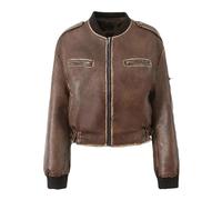 Ownwfeat Women’S Vintage Y2k Pu Leather Bomber Jacket V-Neck Drop-Shoulder Long Sleeve Zipper Spliced Rib Collar Loose Fit Boyfriend Coat With Epaulets