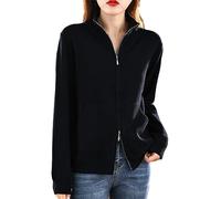 Ownwfeat Women Wool Sweater Double Zipper Cardigan Fashion Casual Knitted Tops Black