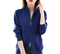 Ownwfeat Women Wool Sweater Double Zipper Cardigan Fashion Casual Knitted Tops Blue