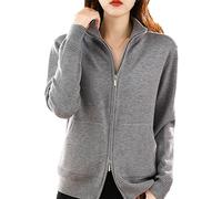 Ownwfeat Women Wool Sweater Double Zipper Cardigan Fashion Casual Knitted Tops Gray