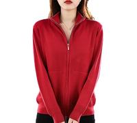 Ownwfeat Women Wool Sweater Double Zipper Cardigan Fashion Casual Knitted Tops Wine Red