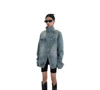 Ownwfeat Women's Denim Coat Turtleneck Single Breasted Full Sleeve Jacket