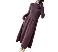 Ownwfeat Women's Pullover Cashmere Wool Dress Long Sleeve Soft Knit Half Turtleneck Long Dress Purple