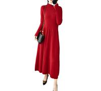 Ownwfeat Women's Pullover Cashmere Wool Dress Long Sleeve Soft Knit Half Turtleneck Long Dress Red