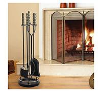 OWOHYG Fireplace Tool Set,Fireplace Tools Set with Brass Handles 5 Piece Cast Iron Companion for Indoor and Outdoor Fireplaces Includes Broom Poker Ash Shovel and Tongs Ideal for All Roo