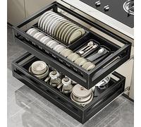 OWOHYG Kitchen Slide Out Drawers, Pull Out Cabinet Organizer For Pot, Bowl, Kitchenware, Stainless Steel Pull Out Shelves With Catch Tray, Adjustable Rails.Black-525 * 416 * 126mm