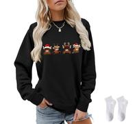 owsber Highland Cow Sweatshirt,Christmas Funny Sweatshirts for Women Solid Color Crew Neck Casual Comfort Top S~XXL, Black, XL