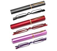 OWTXIS 3 Pack Mini Slim Pen Reading Glasses - Compact Readers with Pen Clip Case Spring Hinge Metal Frame Eyeglasses (Gunmetal, Red, Purple, +1.75)