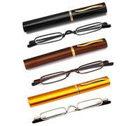 OWTXIS 3 Pack Mini Slim Pen Reading Glasses - Compact Readers with Pen Clip Case Spring Hinge Metal Frame Eyeglasses (Black, Brown, Gold, +1.75)