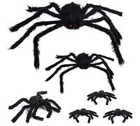 OWUDE 6 PCS Halloween Giant Large Big Spiders Decoration Set, Realistic Hairy Spider with Red Eyes and Bendable Legs for Scary Outdoor Yard Decor, Black