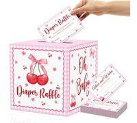 OWWOPATS 51Pcs Cherry Diaper Raffle Tickets with Box, Pink Bow Cherry Baby Shower Decorations She's the Cherry on top Diaper Raffle Box for Baby Shower Game Kit