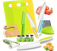 Owyee Wooden Kids Kitchen Knifes-Toddler Safe Knives Set, Montessori Kitchen Tools Set for Real Cooking with Plastic Knives/Crinkle Cutter/Kids Cutting Board/Y-Peeler (13pcs)