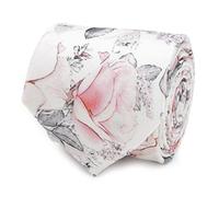 Ox & Bull Painted Floral Gray Silk Men’s Tie - Elegant Vintage-Inspired Rose Pattern Necktie - 100% Silk - Wedding & Formal Accessory - One Size, White/Gray