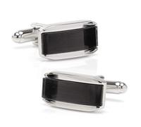 Ox & Bull Silver Rectangular Cufflinks with Dark Gray Cat’s Eye - Elegant Silver Tone Men’s Cuff Links with Bullet Back Closure - Formal Accessory in Gift Box