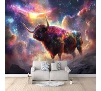 Ox Photo Wallpaper Purple Starry Sky Animals Wallpaper Mural 3D Art Print, Non-Woven Wall Paper, Decoration Poster Picture Mural 500 × 280 cm / 196.8" × 110" for Living Room Bedroom